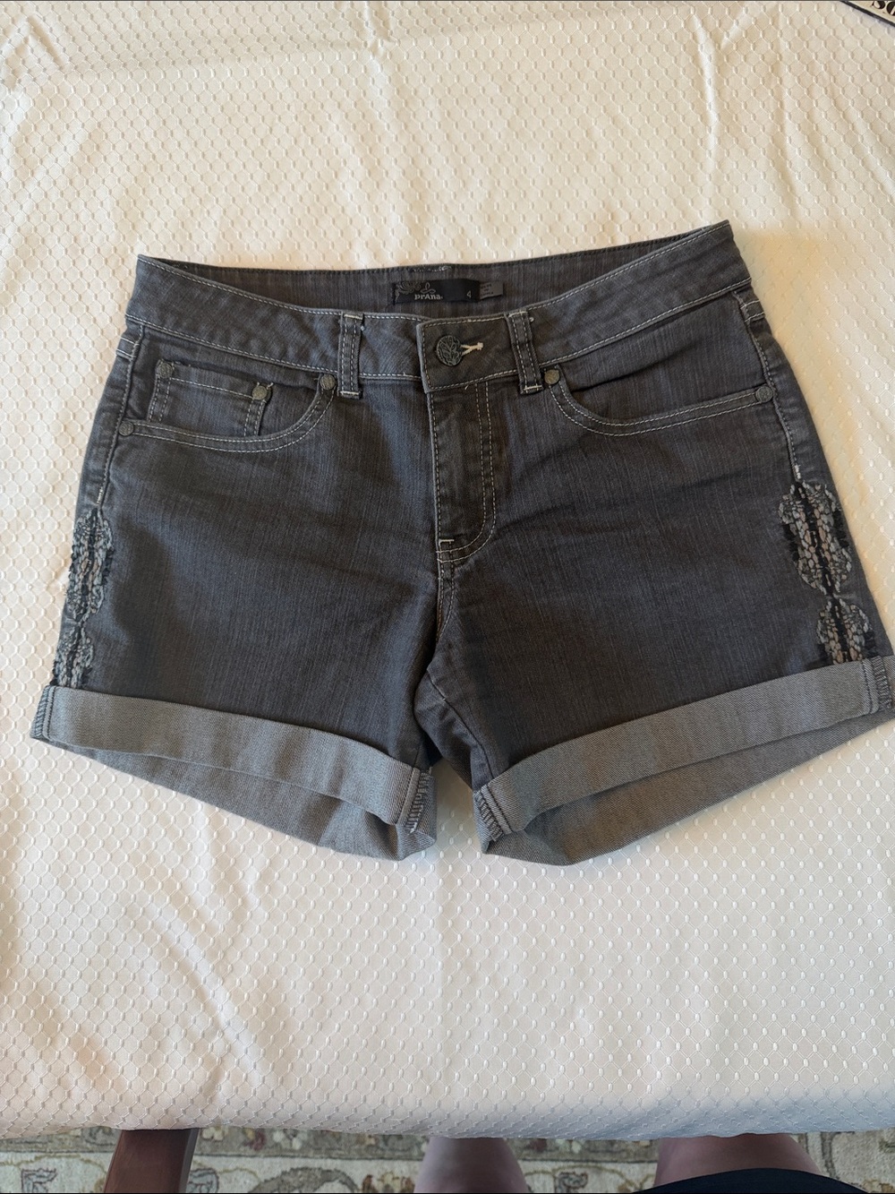 Prana Dark Gray Denim Jean Shorts with Lace Trim